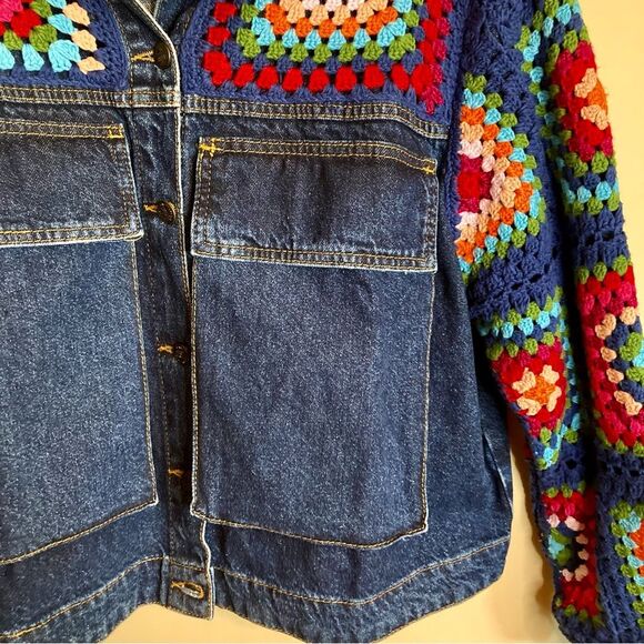 RARE Farm Rio Crochet Squares Denim Jacket & Jeans Set Pants Granny Blue Size S - Picture 7 of 16